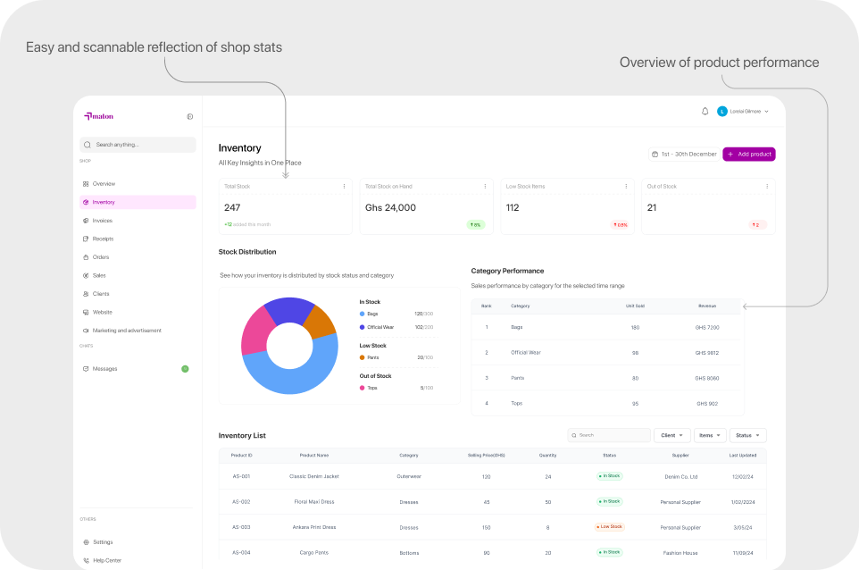 Maton inventory management screen